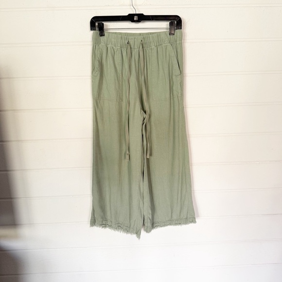 Thread & Supply Pants - Thread & Supply High Waist Wide Leg Relaxed Fit Frayed Ankle Green Linen Pants M